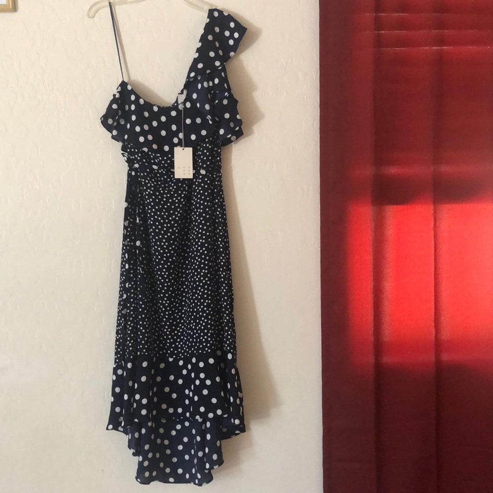 NEW Navy Polka Dot One Shoulder Dress